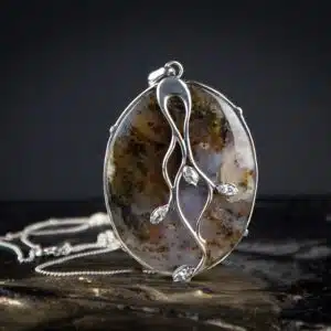 Handmade Pendant with Agate Stone, Encrusted with Silver and Decorated with Zircon Stones.